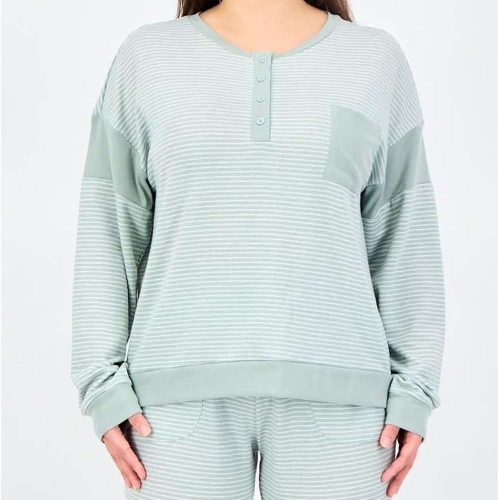 Splendid Henley Pajama Top Womens XXL Green Striped Oversized Long Sleeve Lounge